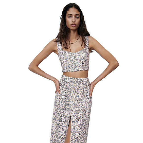 Zara Linen Blend Ditsy Floral Smocked Back Button Front Crop Top S Purple White - Picture 2 of 16